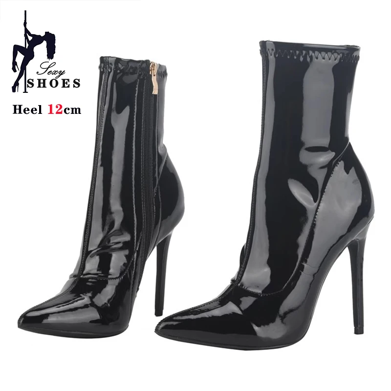 10CM 12cm Black Patent Leather Pointed Toe Women Middle Boots Stiletto High Heel-ed Zipped Mid-calf Boots Bright Polished Shoes