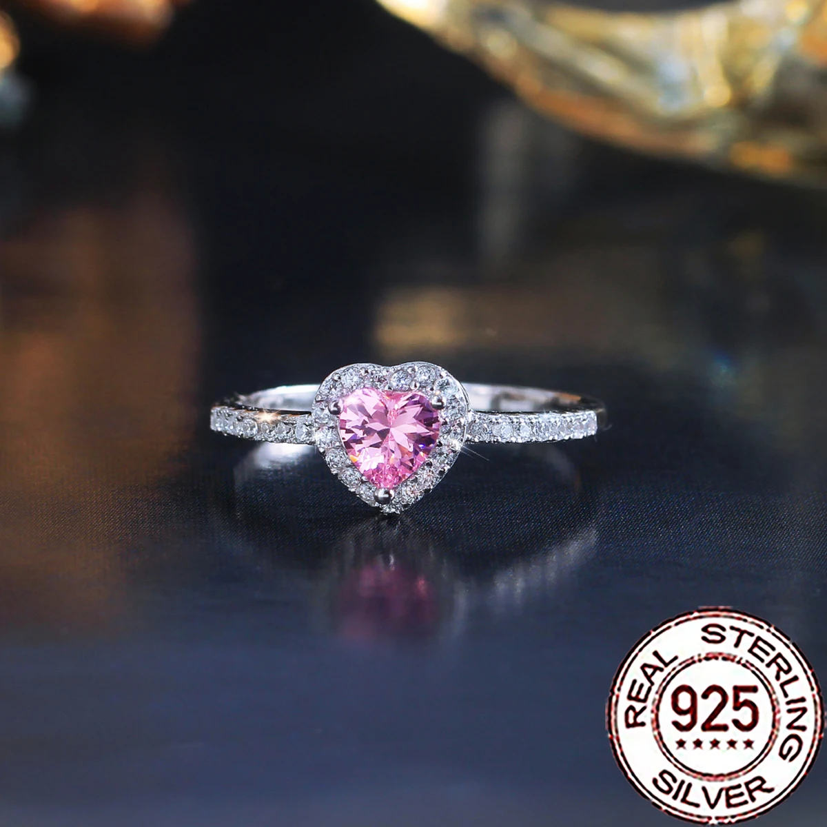 QooLady Ringe aus 925er-Sterlingsilber, romantisch, rosa CZ-Kristall, große Herzform, Ringe für Frauen, Liebhaber, Hochzeit, Verlobung, Schmuck, Geschenk SR082 – Detail 5