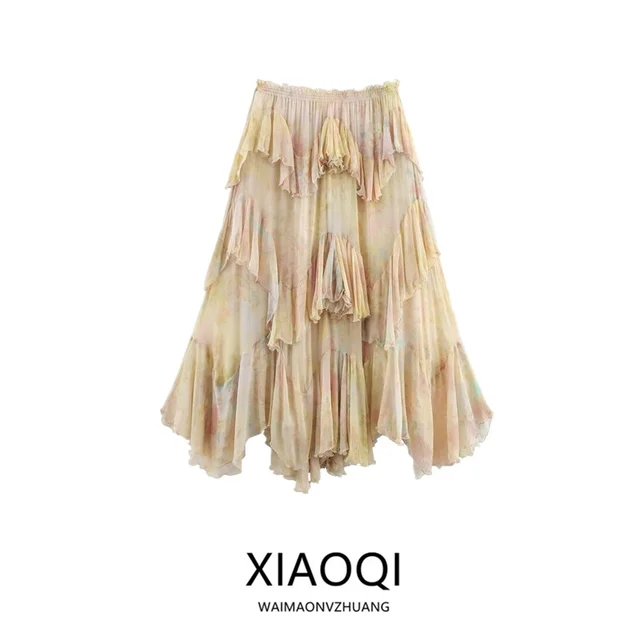 Summer 2025 Long Printed Layered Decorative Skirt Women's Faion Design High Waist Midi Skirt Floral Patterned Skirts