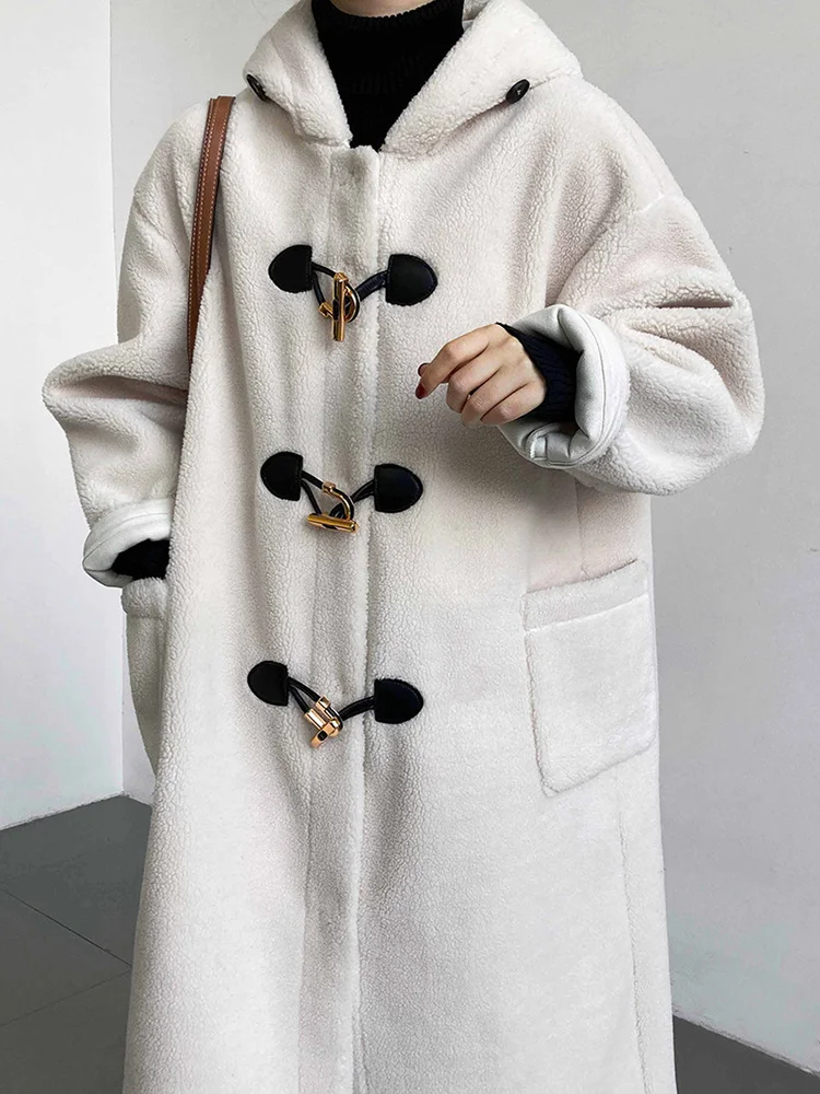 

Loose Fit Black Lambswool Big Size Thick Long Jacket New Hooded Long Sleeve Women Coat Fashion Autumn Winter 2022 C812