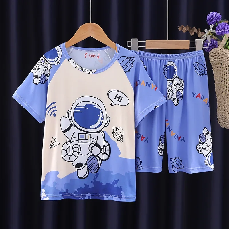 Boys Cartoon Cute Middle and Large Children Children's Home Clothes Girls Pajamas Summer Short-sleeved Casual Two-piece Set
