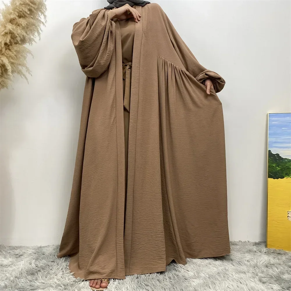 Eid Abaya for Women Muslim Puff Sleeves Kaftan Long Hijab Dress Arab Kimono Cardigan with Pockets Pleated Abayas Dubai Jalabiya