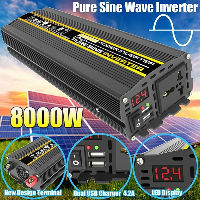 อินเวอร์เตอร์คลื่นไซน์บริสุทธิ์แบบพกพา เครื่องแปลงไฟ 3000W-8000W DC 12V เป็น AC 220V สำหรับใช้ในรถยนต์ บ้าน และกลางแจ้ง ใช้กับพลังงานแสงอาทิตย์ 1