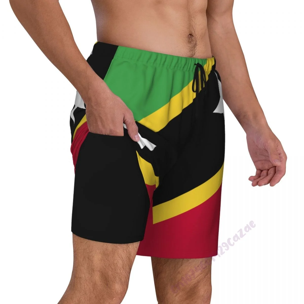 

Saint Kitts And Nevis Flag 3D Mens Swimming Trunks With Compression Liner 2 in 1 Quick-Dry Summer Swim Shorts With Pockets