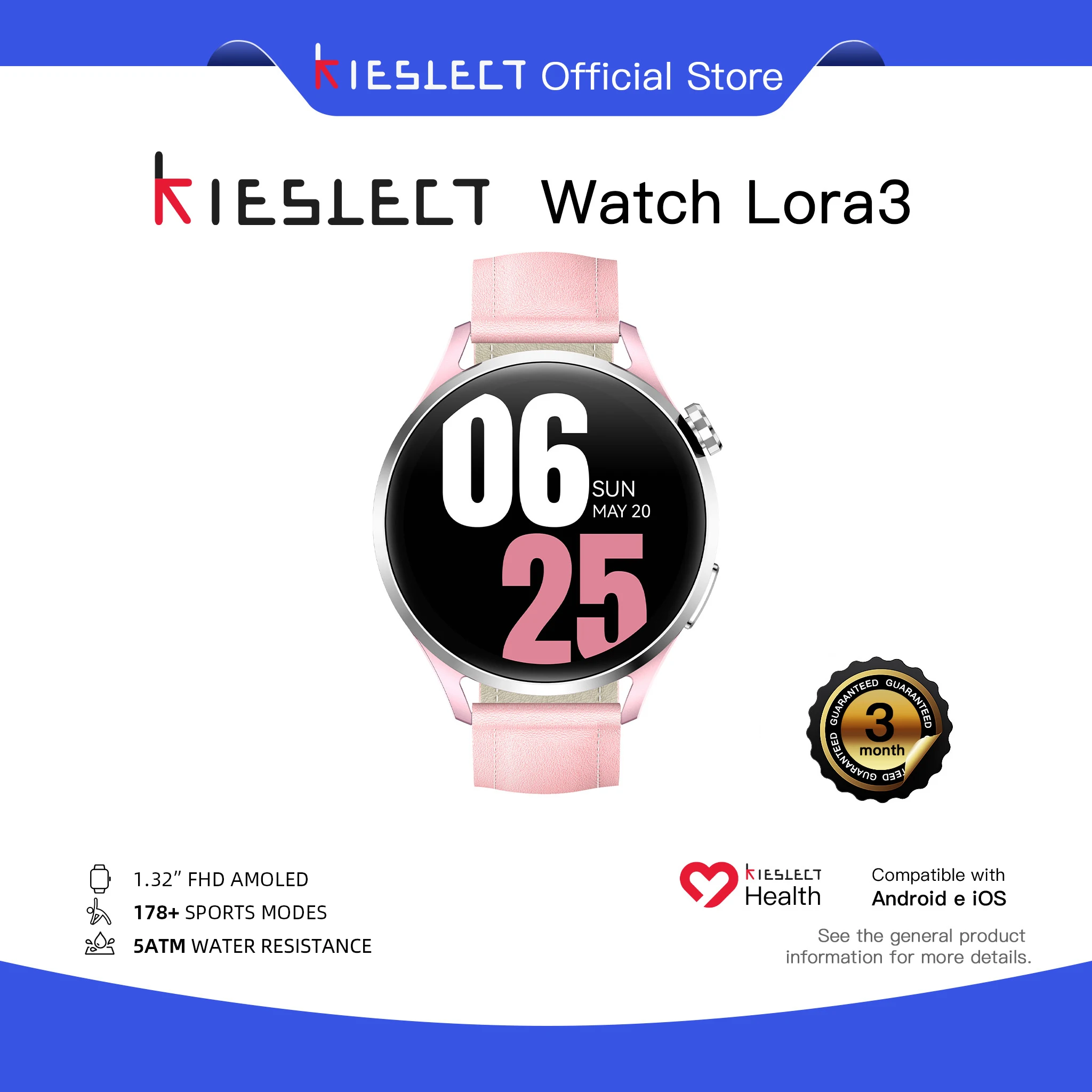 שעון חכם Kieslect Lora 3 עם שיחת Bluetooth, תצוגת AMOLED בגודל 1.32 אינץ', מסך מגע עמיד במים עד 5ATM, מעקב כושר