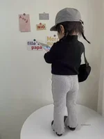 2023 Solid Girl Casual Flared Trousers Stretch Ribbed Wooden Hem Casual Trousers Girls Baby Spring Versatile Cotton Leggings 4