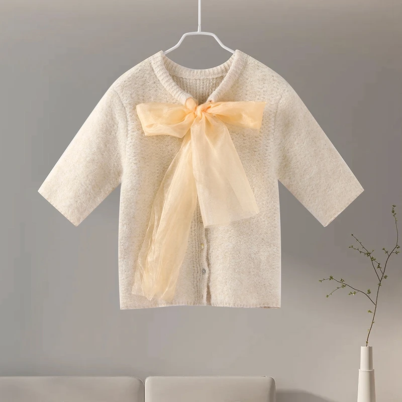 Mohair Knitted Short Sleeve Cardigan Women Lace Bow Single Breasted O-neck Slim Sweater Autumn Winter Fashion Lady Knitwear