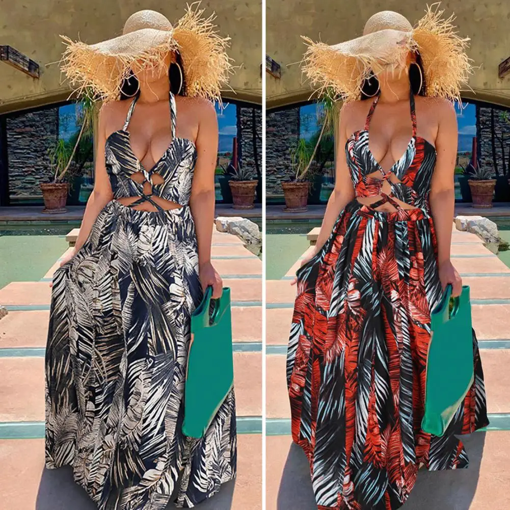 

Printed Chiffon Dress Lightweight Printed Dress Stunning Leaf Print Maxi Dress for Women Halter Neck Backless Vacation for A