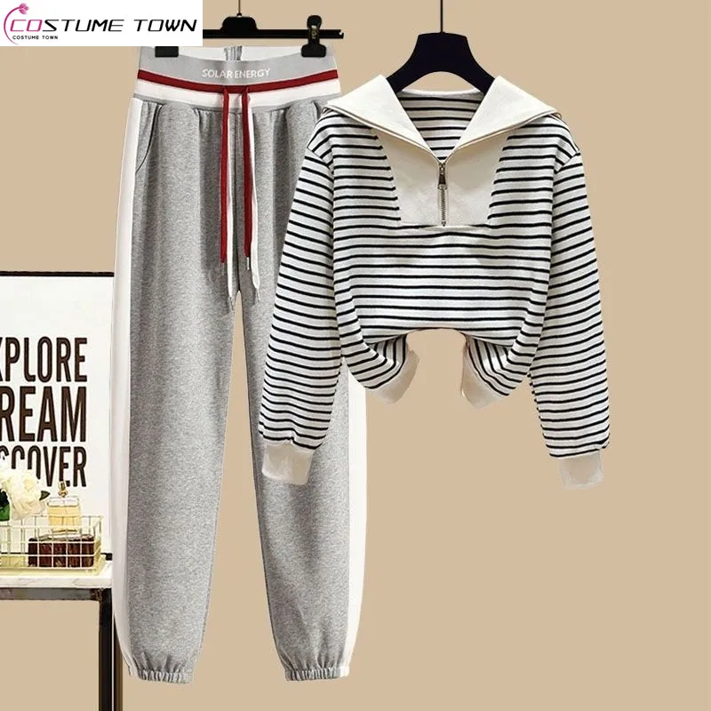 Women's Sports Suit 2023 Spring and Autumn Korean Version Striped Zipper Top Women's High Waist Slim Casual Pants Two-piece Set plush cardigan sweater men s local korean version zipper knit sweater autumn and winter thick hooded sweater large jacket men