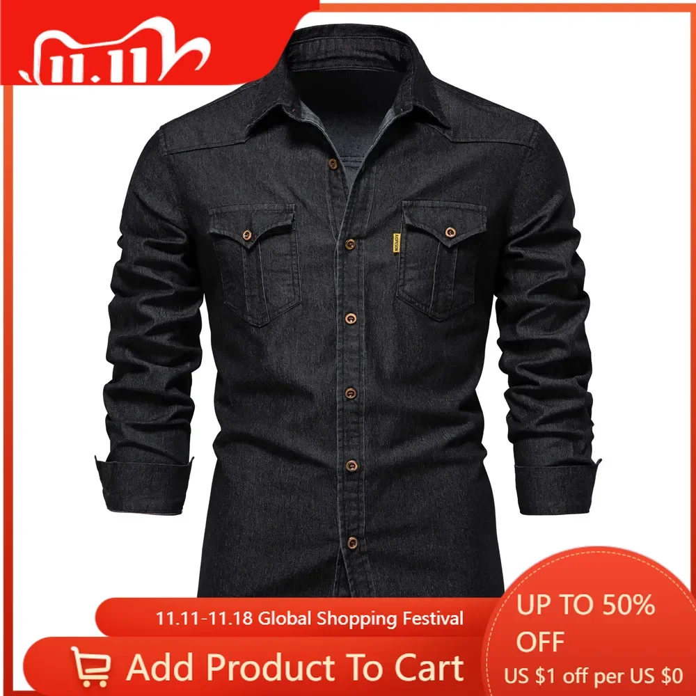 Denim Shirt Long Sleeved Shirt Men Elastic Cotton Cowboy Shirt Casual Slim Fit