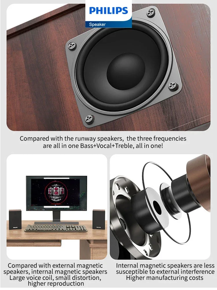 필립스 오리지널 SPA20 블루투스 스피커, 향상된 베이스 휴대용 우드 그레인 솔리드 1 쌍, 컴퓨터용 실내 데스크톱에 적합