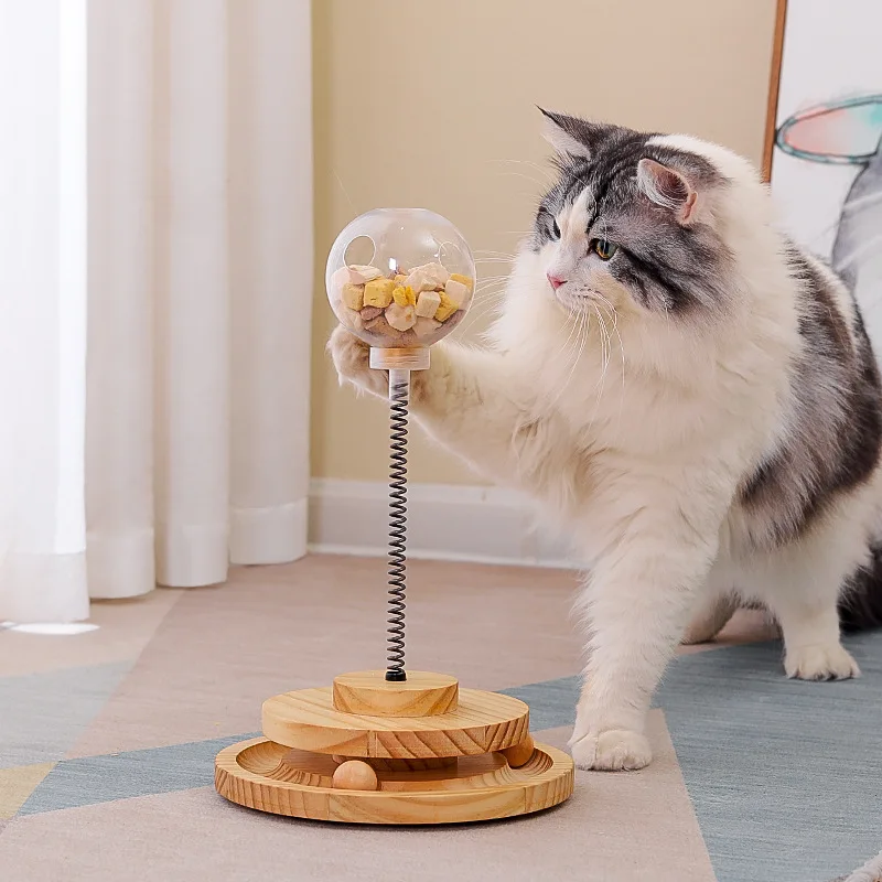 

2023 New Solid Wood Turntable Cat Toys Cat Tree Pet Tableware New Puzzle Tumbler Leaky Ball Plastic Cat Food Dispenser Treat Toy