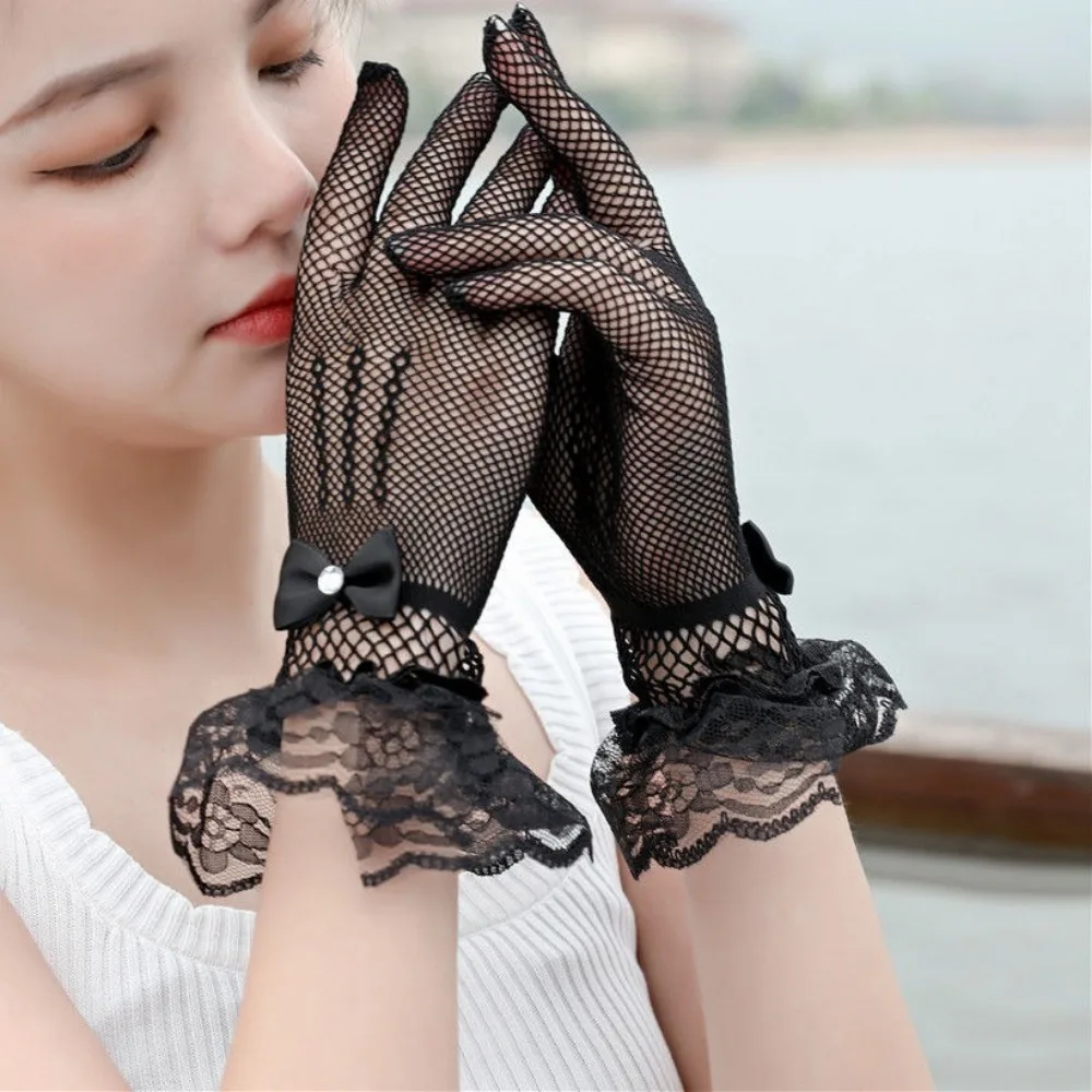 Black White Sexy Transparentes Dot Print Mesh Tulle GloveSpring Summer Thin Short Glove Club Prom Party Dancing Dress Glove