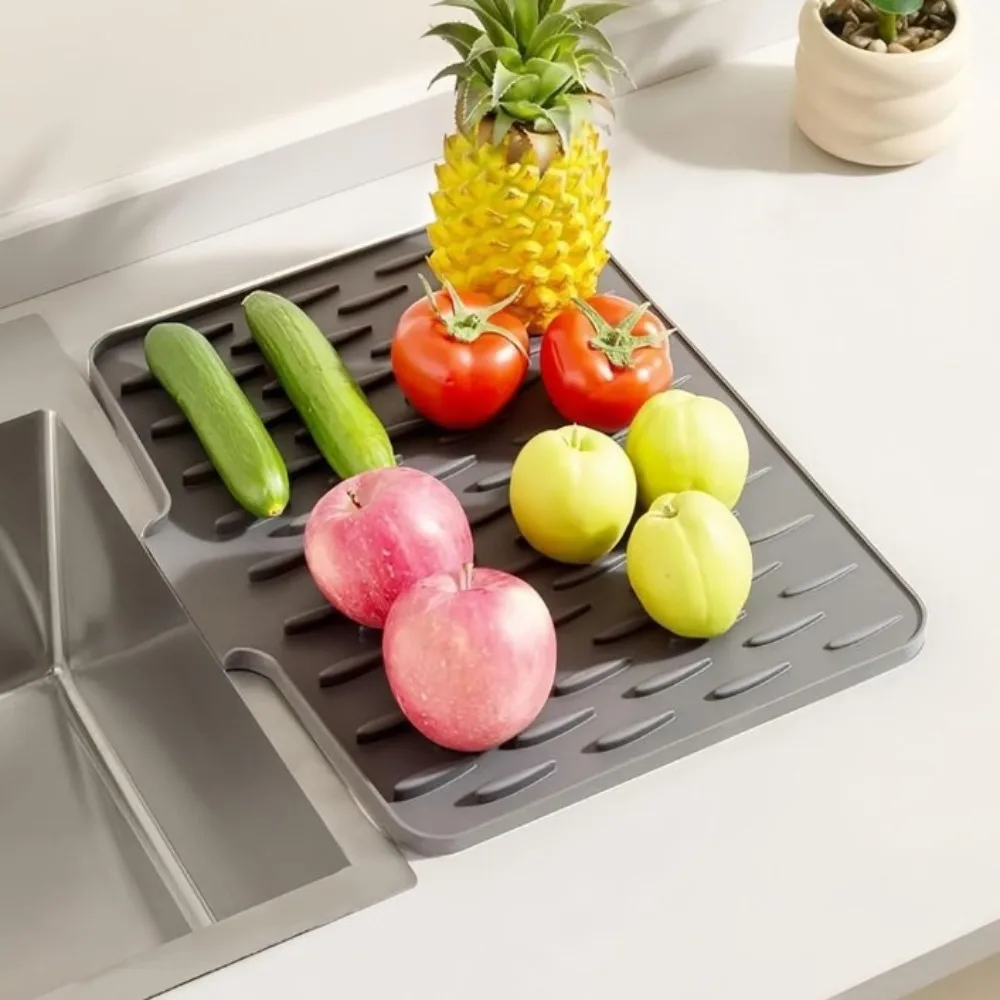 Silicone Dish Drainer Mat Gray Beige Rectangle Tableware