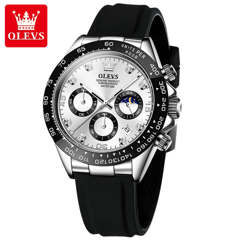 OLEVS Watches Mens Top Brand Luxury Casual Silicone 24Hour Moon Phase Men Watch Sport Waterproof Quartz Chronograph Wristwatches 