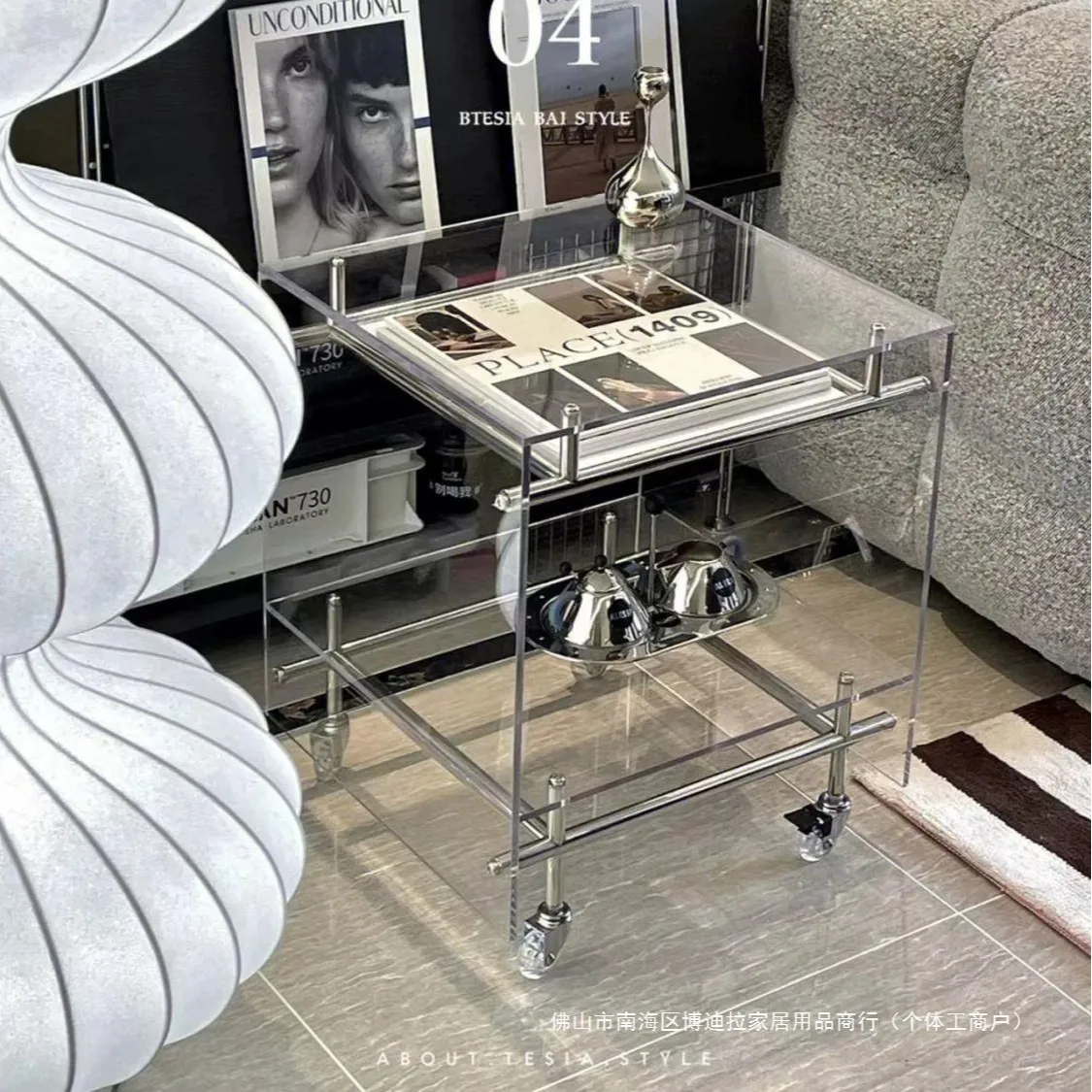 Transparent acrylic trolley ins wind coffee table living room Internet celebrity storage mobile bedside table Stainless steel