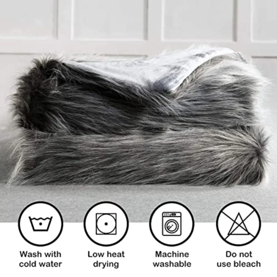 Luxury Faux Fur Blanket King Size Ultra Big Grey and Black High Pile Mixed Faux Fur Throw Blanket Oversized Super Warm Fuzzy El