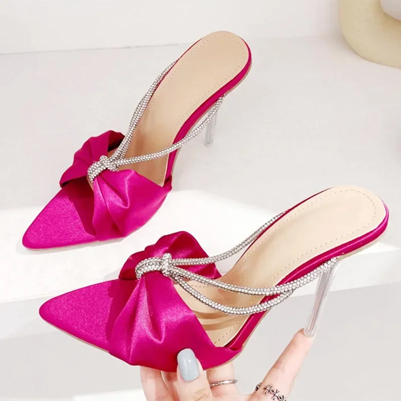

Sexy Rhinestone Bow Slippers Women Summer Satin Comfort Thin Heel Sandals Elegant Party Shoes Mule Slippers Sandalias De Mujer