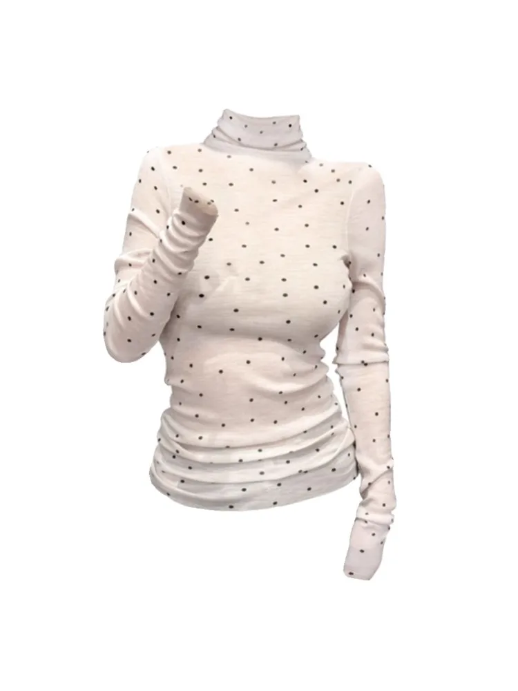 

2024 Y2k E-Girl All Match Dot Print Long Sleeve Sexy Roupas Femininas T-shirts Casual Turtleneck Chic Fashion Women Tops