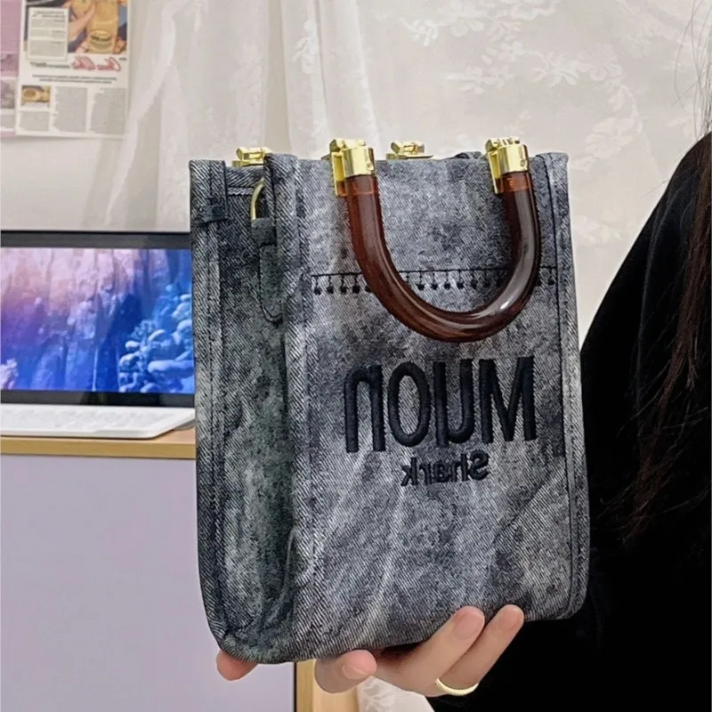 Fashion Embroidered Letter Handbag Women Denim Stitching Large Capacity Shoulder Bag Ladies Trendy Versatile Crossbody Bag 2025