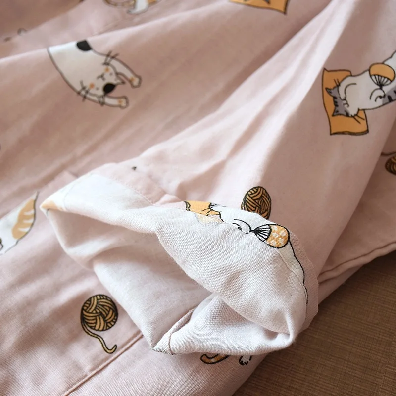 Women's Robe Cotton Robe Japanese Kimono Seven-Sleeve Pajamas Loose Cartoon Cat Print night-robe women Pajamas Bathrobe