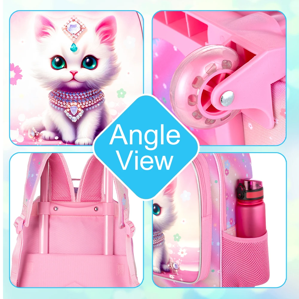3PCS Rolling Backpack for Girls, Kids Roller Wheels Bookbag, Wheeled Elementary School Bag with Lunch Bag - Cat 2