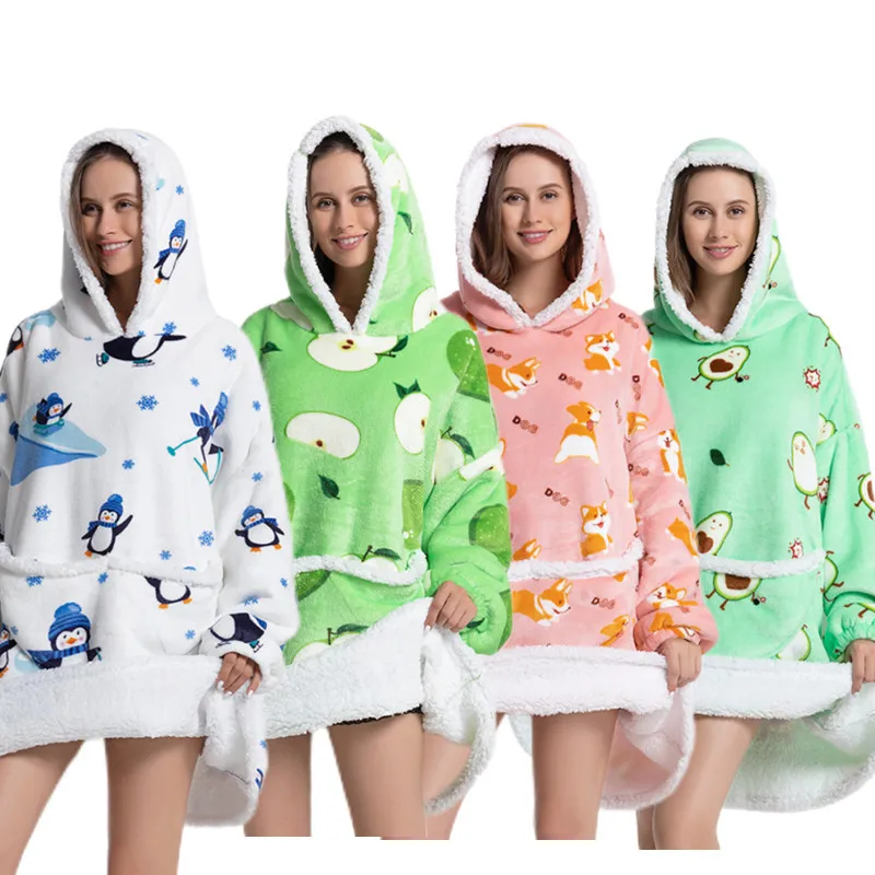 

Winter Sherpa Adult Hoodies Blanket Oversize Printed Warm Fleece Hooded Blanket With Long Sleeve Wearable Blanket 2022