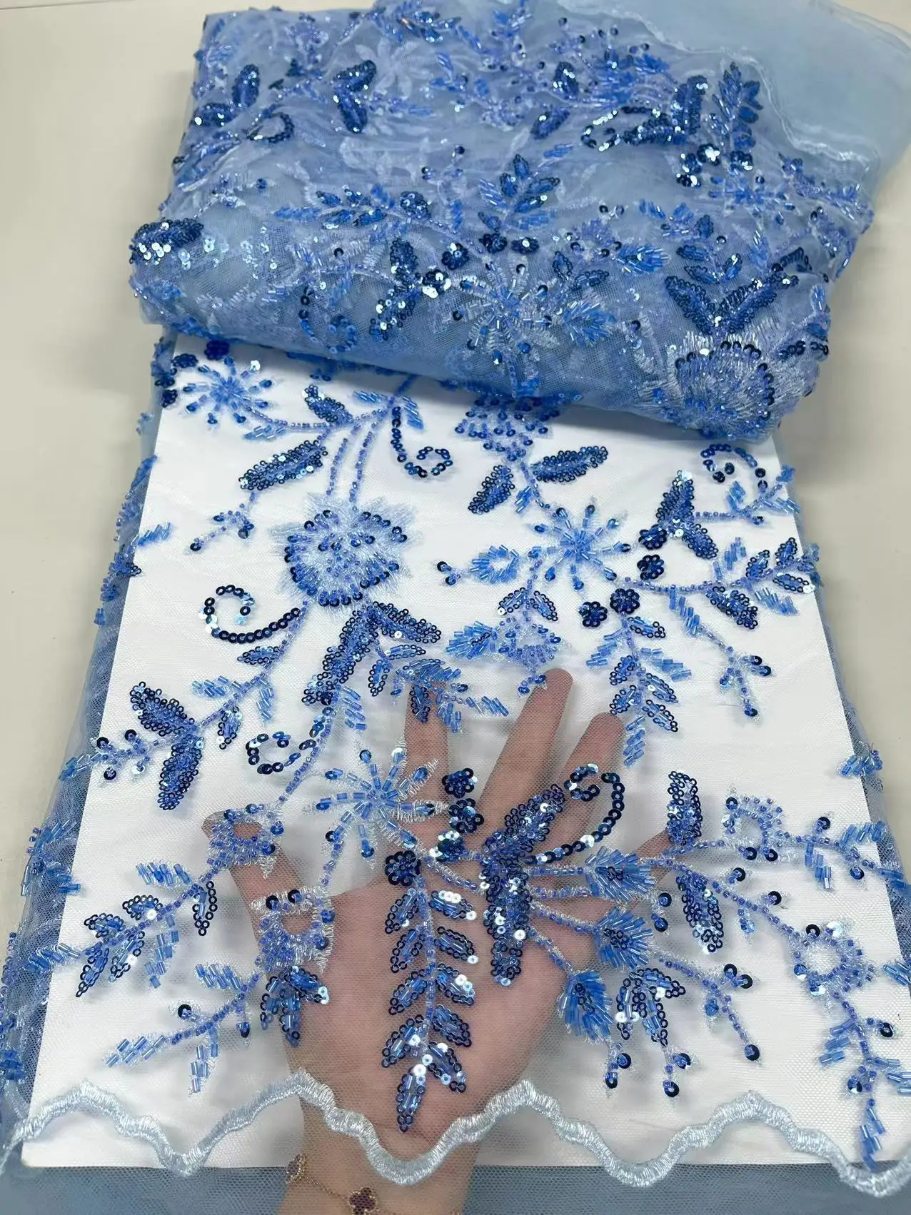

2022 Nigerian Sky Blue Elegant Heavy Beaded Sequin Lace Fabric French High Quality Luxury Pearl Tulle Fabric For Wedding Dresses