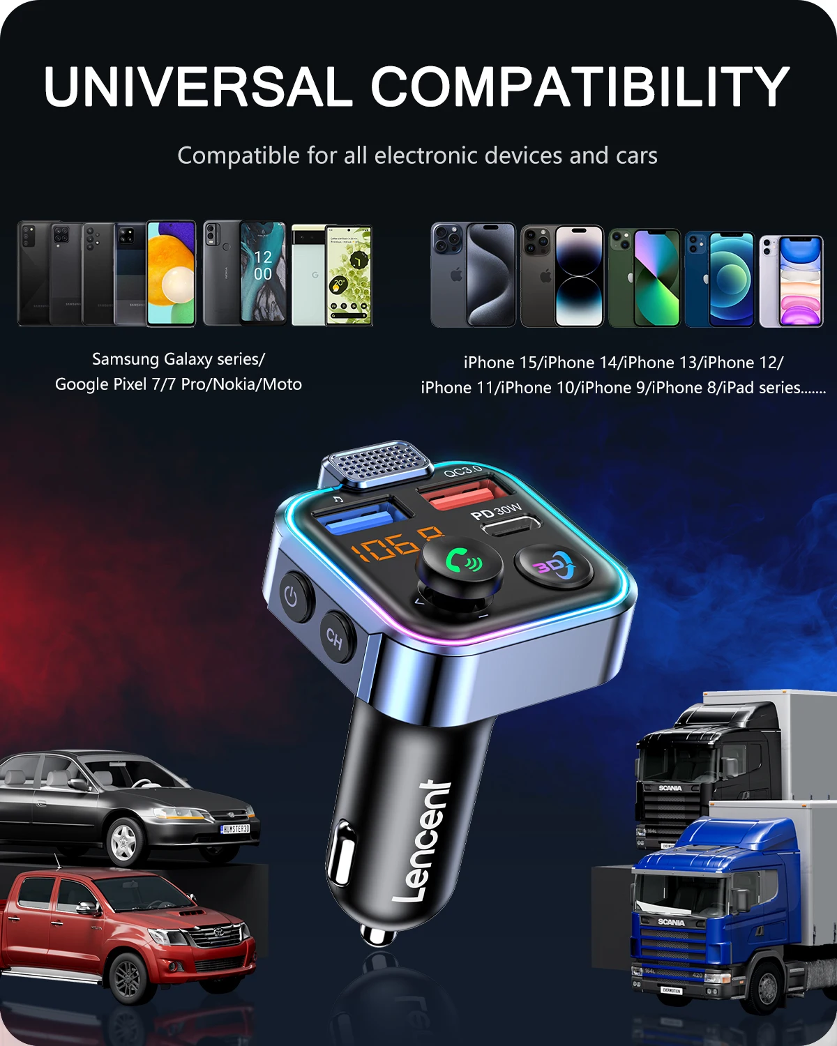 LENCENT Bluetooth 5.3 FM Transmitter with Type C PD 30W & QC3.0 USB Fast Charger Hands-free Supporting USB Memory Stick Adapter BEST SELLERS LENCENT Bluetooth 5.3 FM Transmitter with Type C PD 30W & QC3.0 USB Fast Charger Hands-free Supporting USB Memory Stick Adapter BEST SELLERS