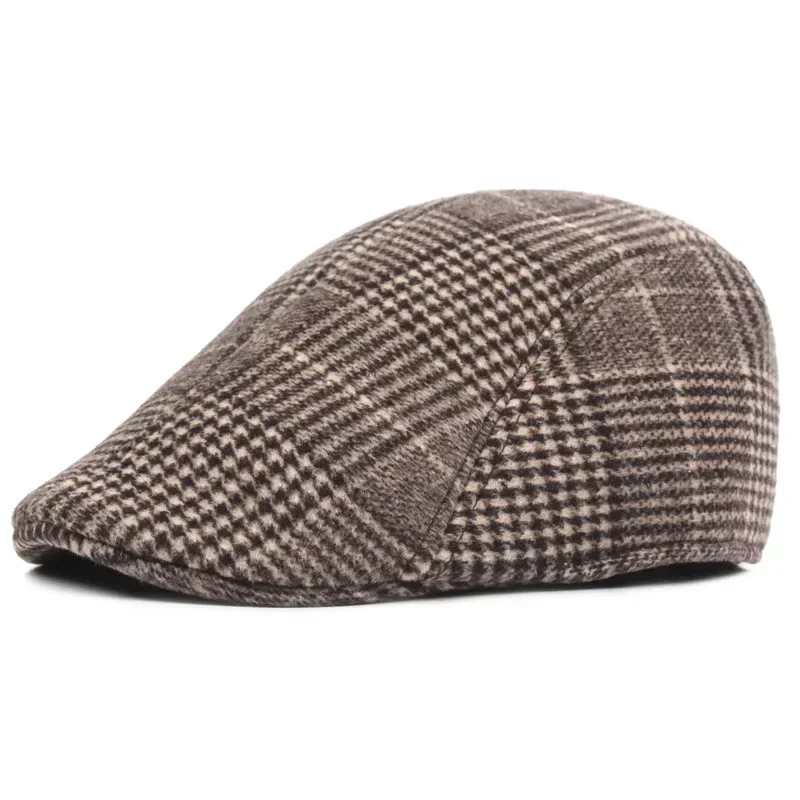 Beret Hat Newsboy Cap Newsboy Hat Woolen Beret Men Women Cotton Plaid Berets Caps Middle-Aged Autumn Winter Hats Boina Herringbone Baker Boy Hat Tweed Flat Cap