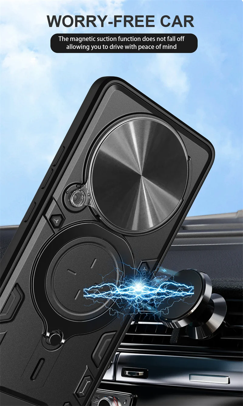 Enhanced Armor Shockproof Case with Slide Camera Lens Protection and Magnetic Holder Ring