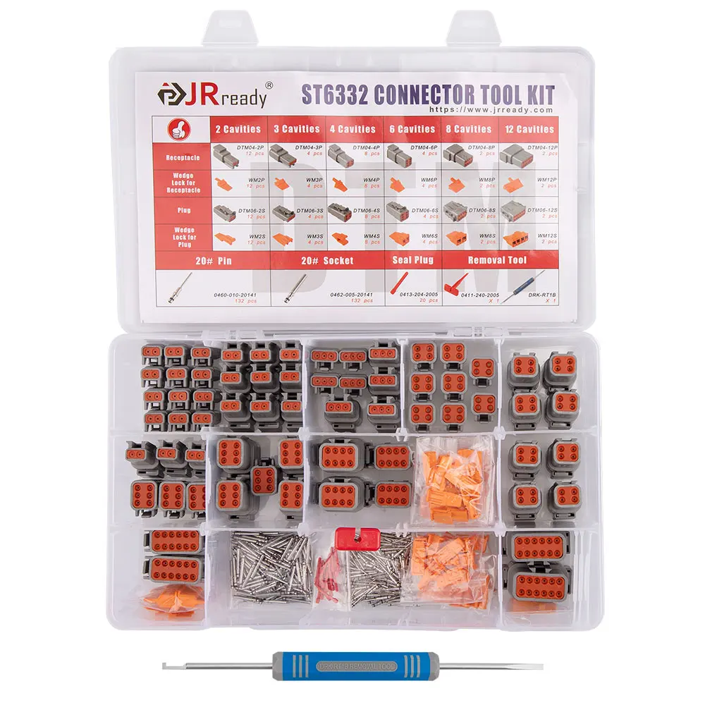 

JRready ST6332 Deutsch DTM Connector Kit in 2, 3, 4, 6, 8, 12 Pin Gray Waterproof DTM Connectors, Size 20 Solid Contacts 16-22AW