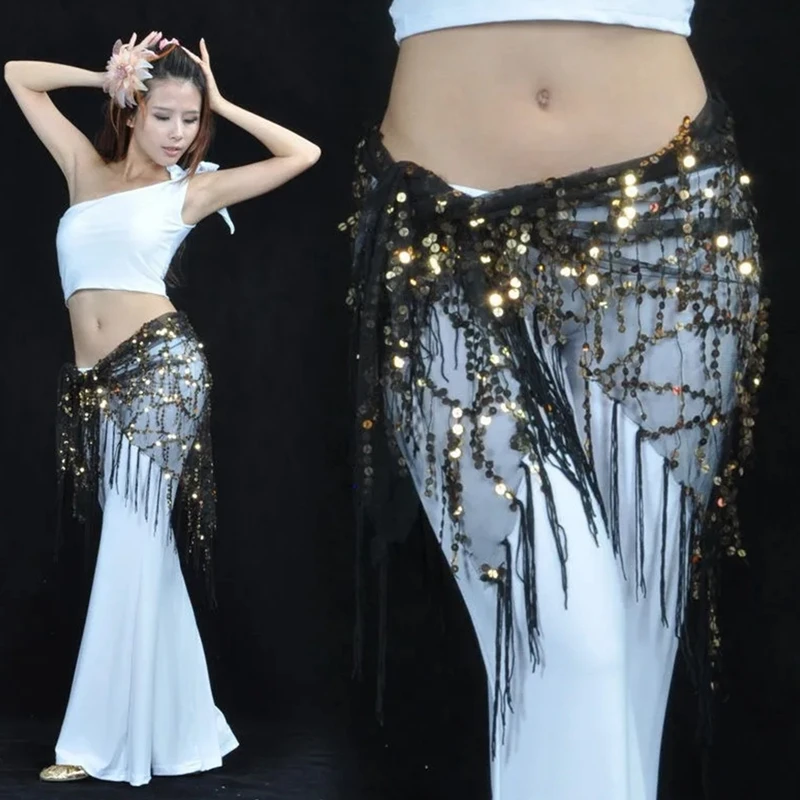 

Sexy Belly Dancing Hip Scarf Wrap Belt Dancer Skirt Show Costumes with Sequins Tassels Thailand/India/Arab Dancer Skirt