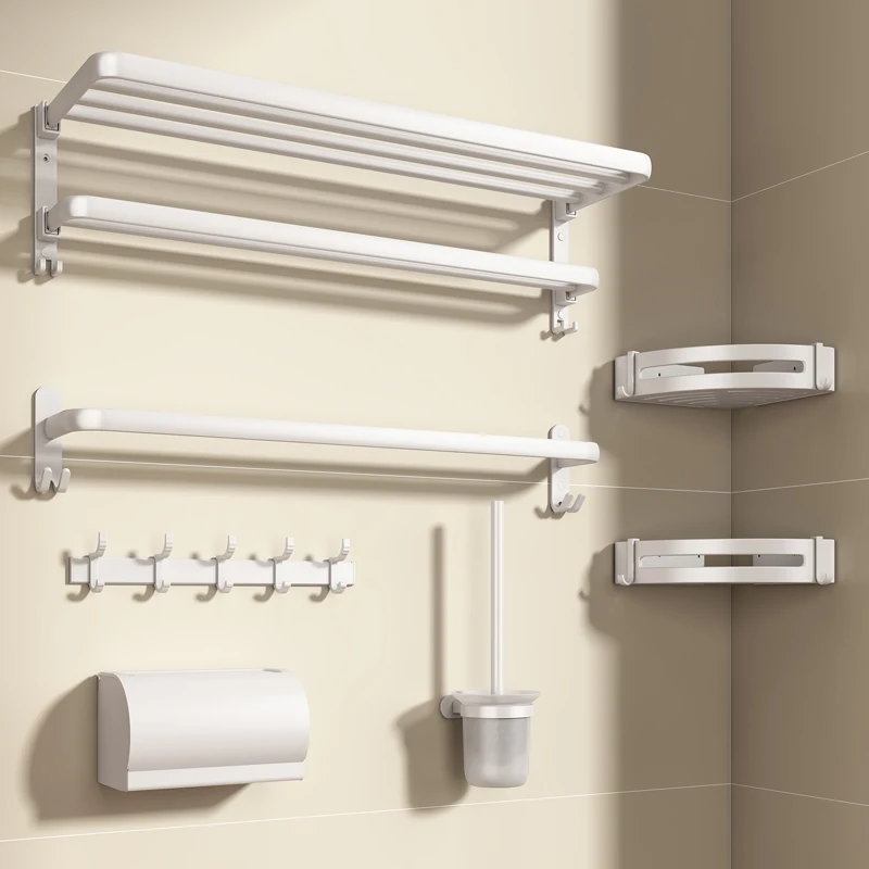 

White towel rack punching-free space aluminium bathroom rack bathroom towel rack storage folding wall-hung toilet.