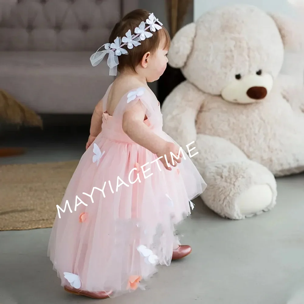 

Cute Flower Girl Dress Asymmetrical length Butterflies Tulle Baby Birthday Dress Pageant Gown Wedding Customization Communion