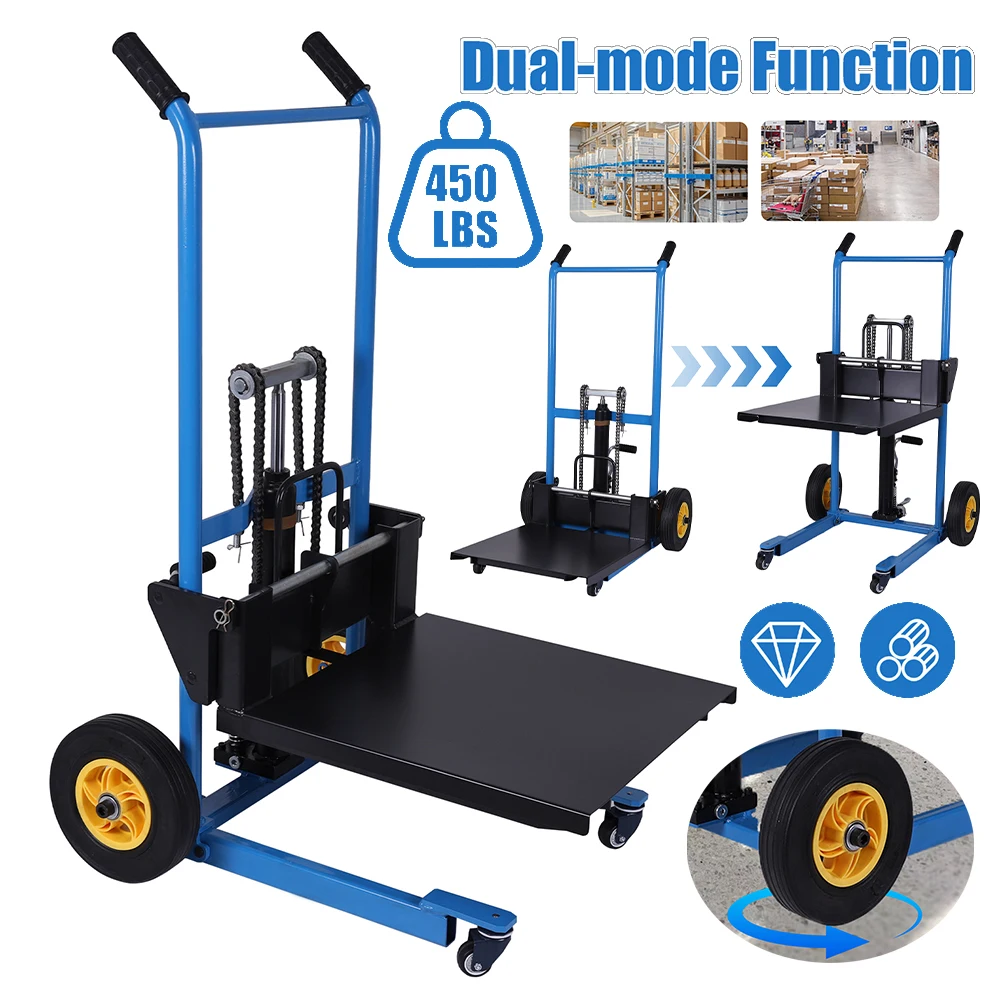 450 Lbs Pallet Stacker Winch Stacker 2 Universal Wheels Manual Forklift Material Stacker for Garage Warehouses and Factories