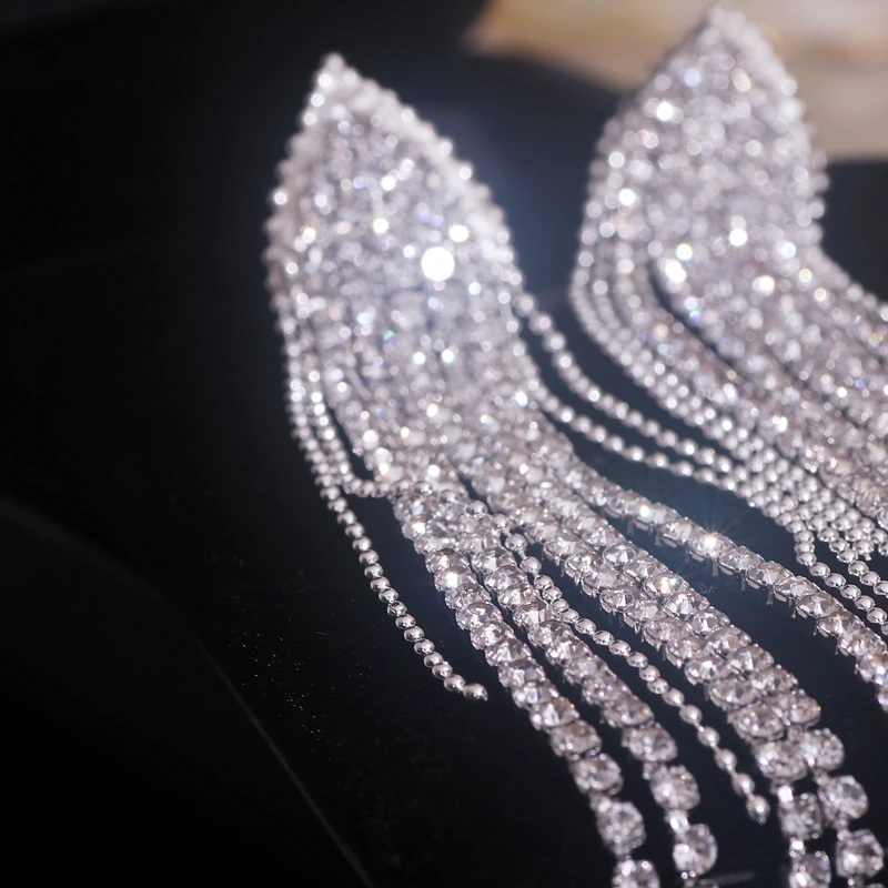 Long Crystal Tassel Earrings for Women Bridal Wedding Drop Dangling Earrings Evening Party Jewelry