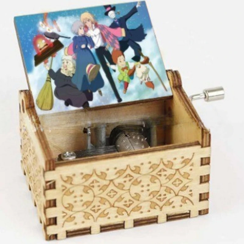 Wooden laser engraving music box Hal's castle gift peripheral children's birthday gift hand crank music box 6