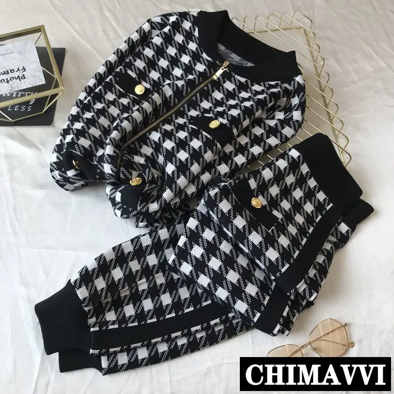 

Retro Black and White Houndstooth Casual Zip Sweater Jacket + Knitted Pants Two-piece Set Female Autumn and Winter Clothing