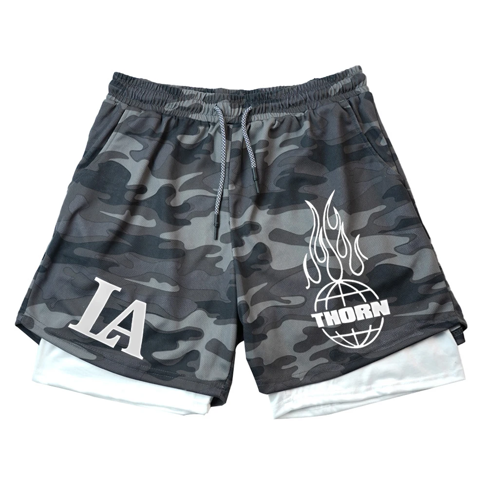 Summer Letter LA Shorts Men's 2-in-1 Compression Quick Dry Shorts GYM Training Double Layered Fitness Running Sports Short Pants 3