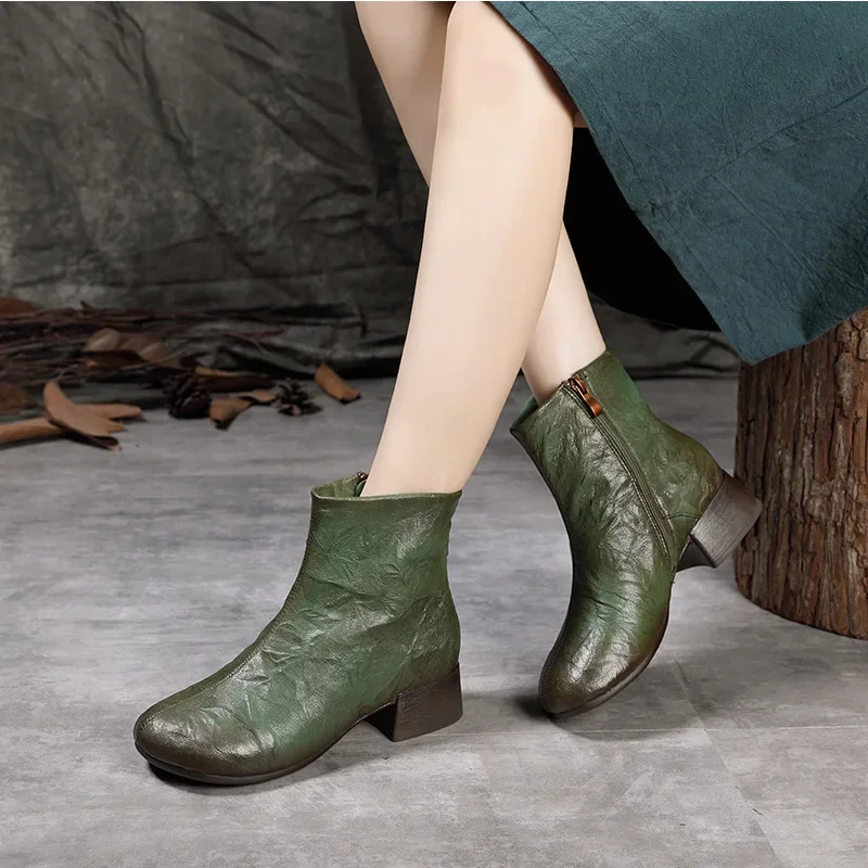 

Krasovki 6CM Natural Genuine Leather Women Autumn Boots Spring Booties Ankle Fashion Winter Chunky Heels Plush Round Toe Shoes