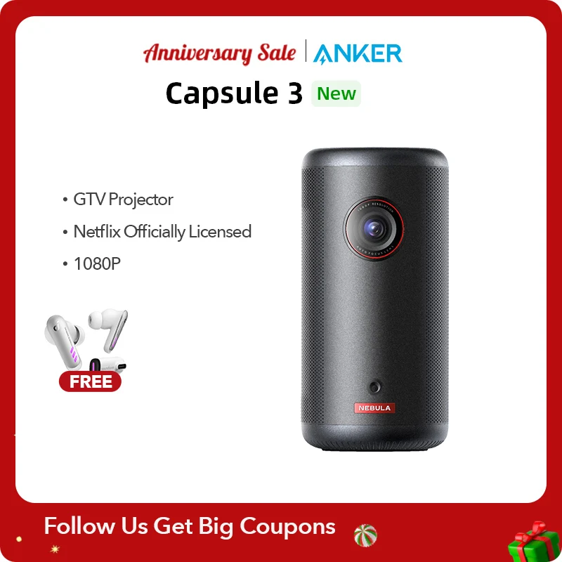 Nebula Capsule 3 1080P Wi-Fi Smart Projector Nero 200 Ansi-Lumen Proiettore Portatile Ufficiale Google Tv Netflix Integrato