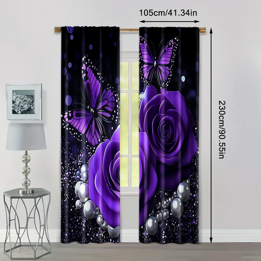 2pcs, Curtains Purple Rose Butterfly Flower Romantic Valentine's Day Blackout Polyester Versatile Applies to Holiday Decorations 4