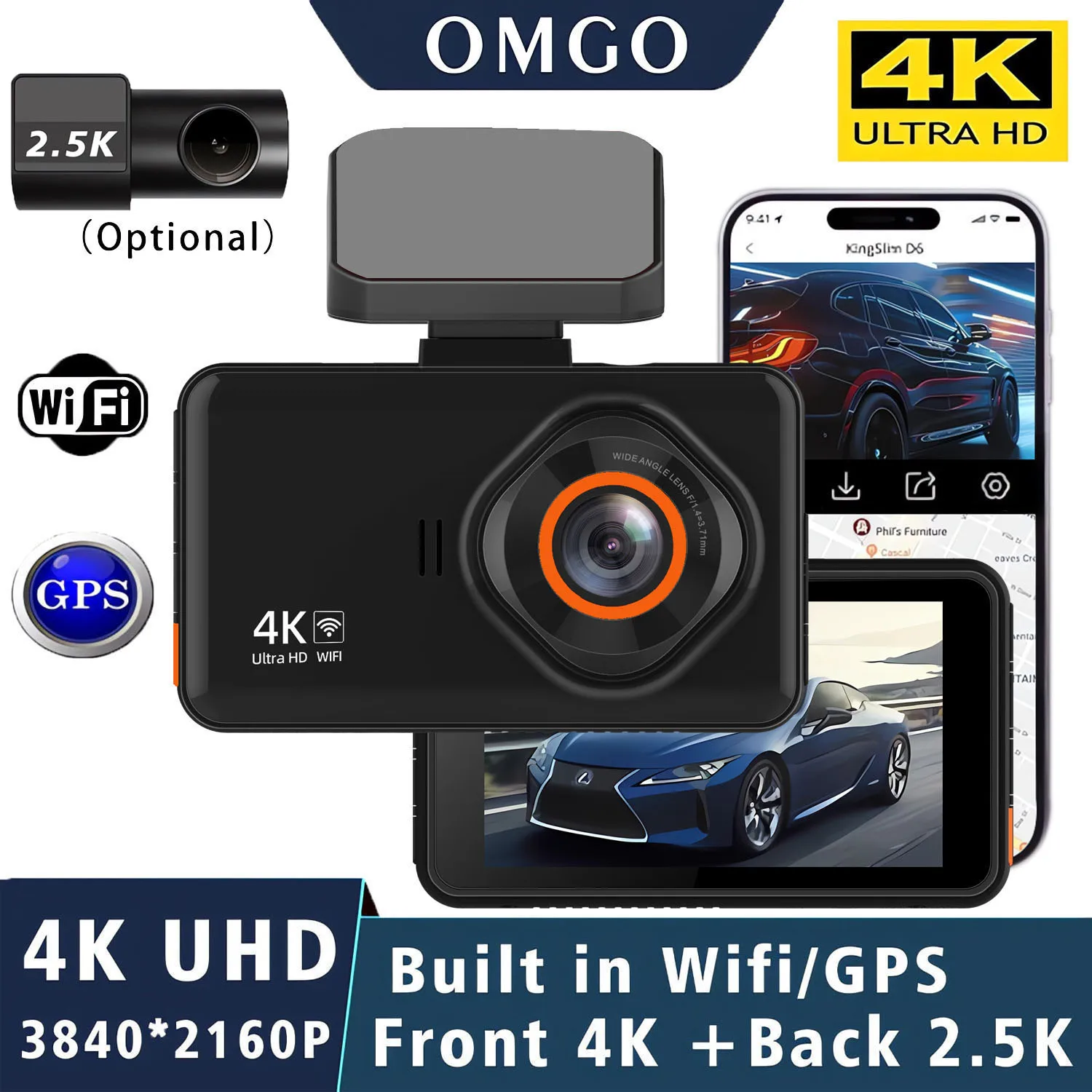 Dual Lens 4K+2.5K Dash Cam Recording Car Camera DVR WDR Night Vision Video Recorder Built In WiFi GPS Black Box Rear View Camera