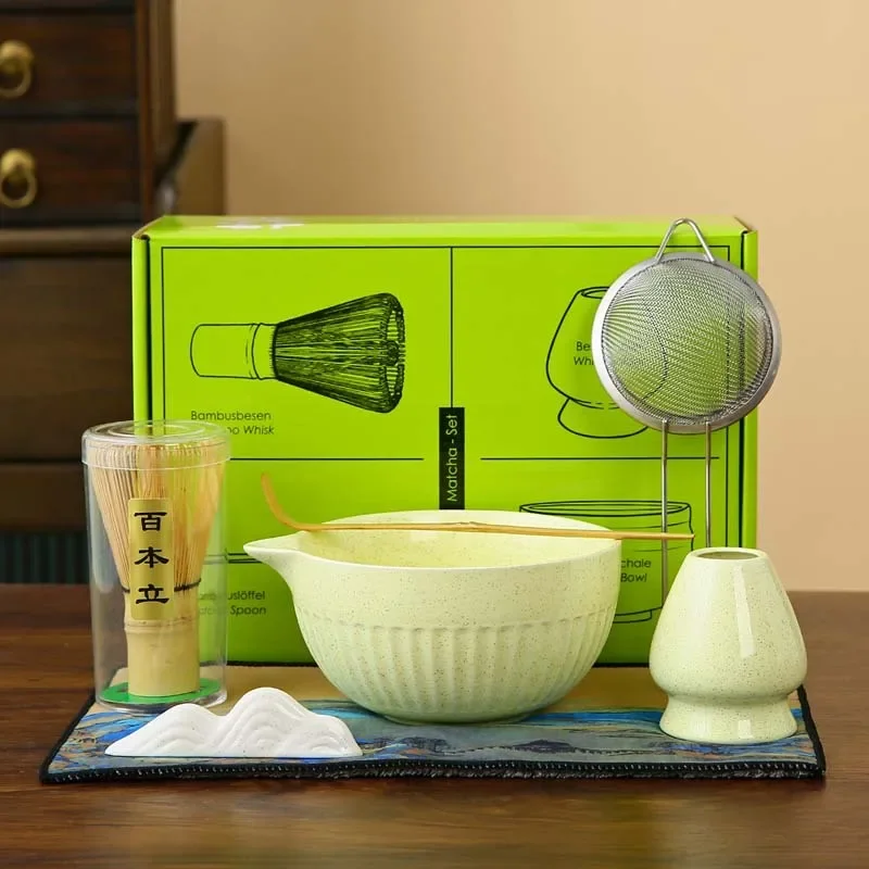 2/4/7Pieces Japanese Matcha Tea Set with Ceramic Bowl Whisk Teaspoon and Sieve Exquisite Matcha Making Set for Lovers