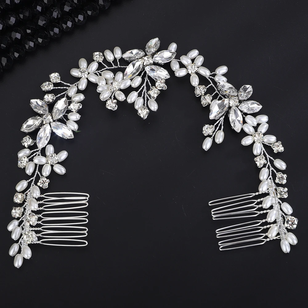 Silver Wedding Headdress Pearl Head band Rhinestone Hair Accessories Fashion Handmade Hair Comb Bridal Tiara Party For Women