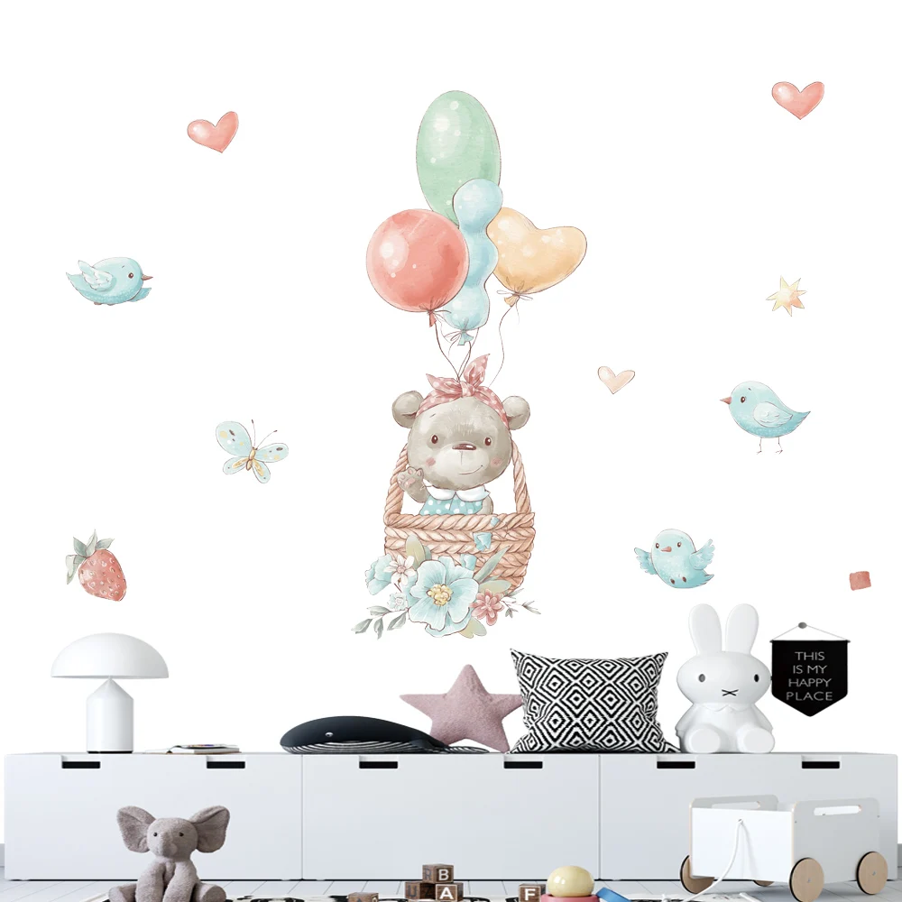 Cartoon Cute Animals Wall Stickers Hot Air Balloons for Nursery Kids Room Decor Art Removable Decals Tile Window Mural Posters