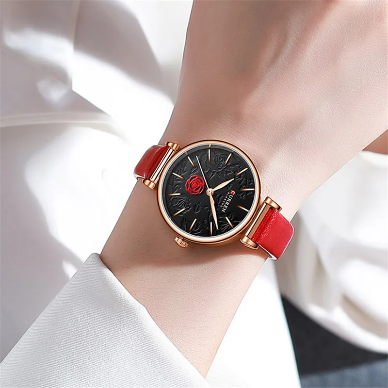 CURREN Women Watch Top Brand Luxury Female Waterproof Clock Red Genuine Leather Bracelet Fashion Flower Ladies Wristwatch 9078 3