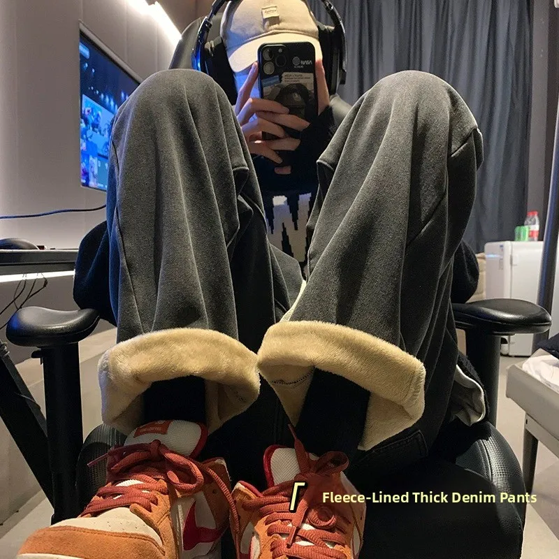 Thiened Fce Dstring Wide Leg High Waist Straight Jeans Women Winter New Sle Warm Loose Fit Trousers Cotton Denim