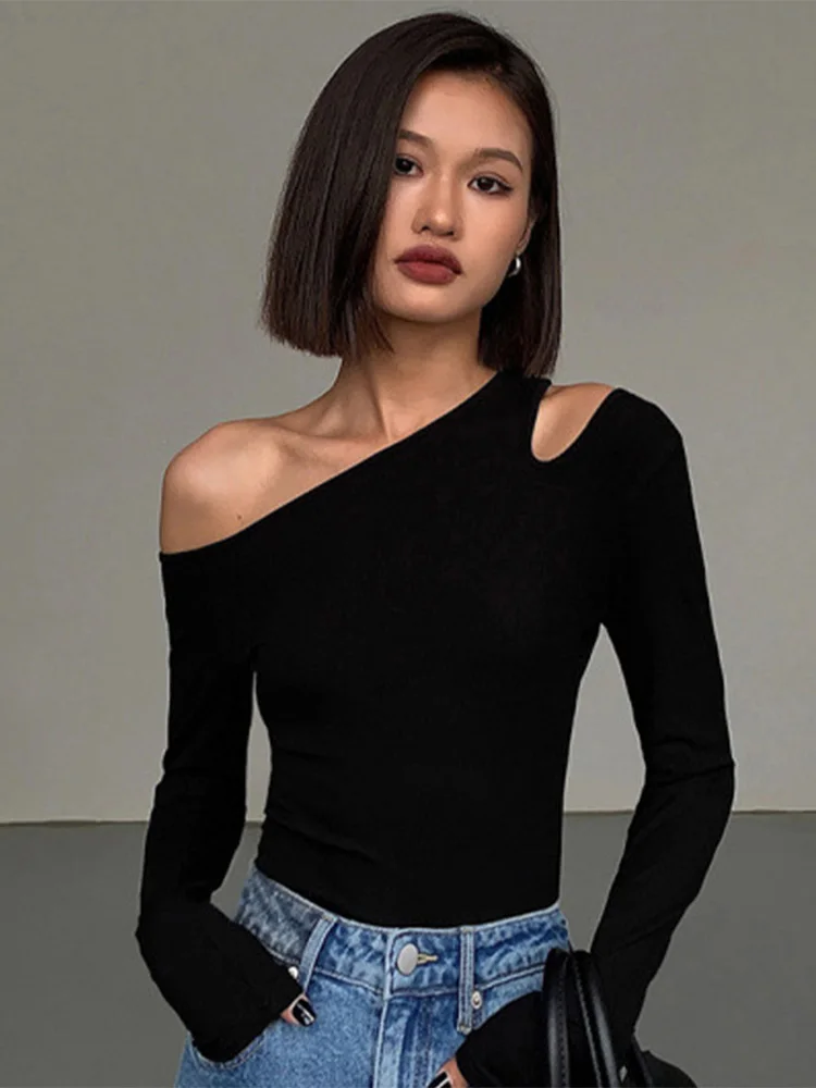 

Fashion Skew Collar Off-shoulder Long-sleeved T-shirts Women Spring 2023 New Solid Slim Fit Crop Top Sexy Hollow Out Tees Shirts